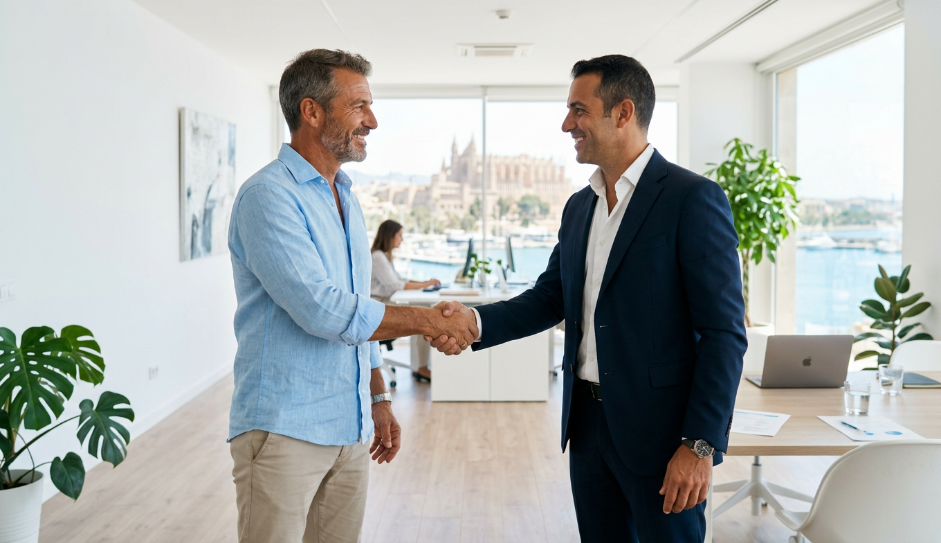 Dos hombres estrechandose la mano, cerrando un trato, trabajando juntos. Con mallorca de fondo. Para trabajar juntos